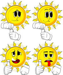 Cartoon sun with blank tube of paste. Collection with sad faces. Expressions vector set.