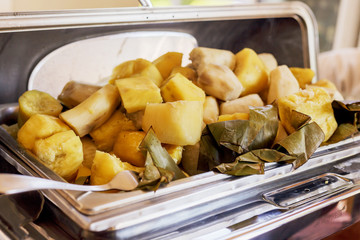 Tray of African boiled sweet potatoes