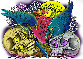 Sketch for tattoos in the Gothic style. Gloomy plot but bright palette.