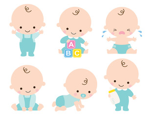 Cute baby or toddler boy vector illustration in various poses such as standing, sitting, crying, playing, crawling. - obrazy, fototapety, plakaty