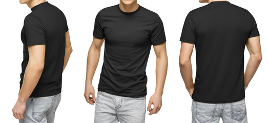 Young male in blank black T-shirt, front and back view, isolated white background. Design men tshirt template and mockup for print