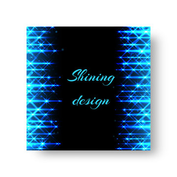 Square invitation card template for a party with bright blue neon rays