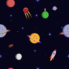 Space. Rocket. Planets and stars in a flat style. Seamless pattern.
