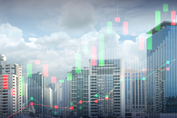 Double exposure of view of cityscape and stock market or financial graph for financial investment concept