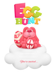Egg hunt invitation card with pink bunny sitting on cloud