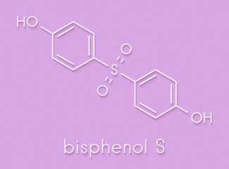 Bisphenol S (BPS) plasticizer molecule. Used as curing agent in epoxy glues and as alternative to BPA. Skeletal formula.