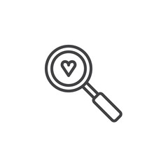 Heart with magnifying glass line icon, outline vector sign, linear style pictogram isolated on white. Love search symbol, logo illustration. Editable stroke