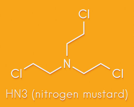 Nitrogen mustard HN-3 molecule. Used as blister agent (chemical warfare agent) and anticancer drug. Skeletal formula.