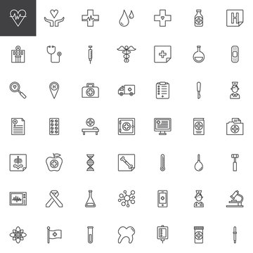 Universal medical elements line icons set, outline vector symbol collection, linear style pictogram pack. Signs, logo illustration. Set includes icons as cardiogram, hospital, stethoscope, medicine