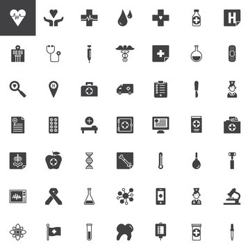 Universal medical elements vector icons set, modern solid symbol collection, filled style pictogram pack. Signs, logo illustration. Set includes icons as cardiogram, hospital, stethoscope, medicine