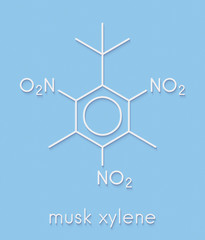 Musk xylene molecule. Highly persistent and bioaccumulative pollutant used as a synthetic musk fragrance. Skeletal formula.