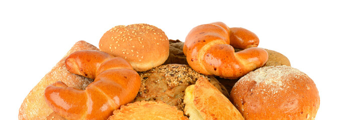 Bread and bakery products isolated on white background .