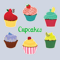  set of cute sticker with cupcake Vectors