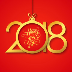 2018 Happy New Year greeting card with hand drawn lettering holiday greetings and golden christmas ball on red background. Vector illustration.