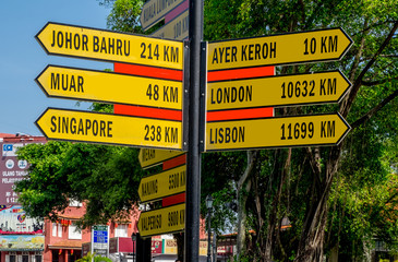 Sign post with mileage markers in downtown Melaka Malaysia