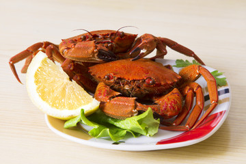 seafood, crabs with lettuce and lemon