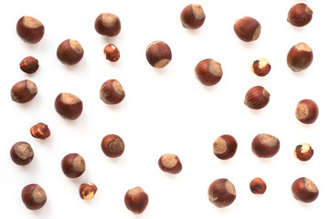 Isolated hazelnuts on white backdrop with copy space.