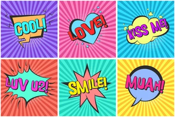 Deurstickers Bright lovely retro comic speech bubbles set with colorful Kiss me, Love, Muah, Smile words. Black outline balloons with halftone and stripes in pop art style for St. Valentines cards design, label © Tatahnka