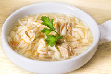 noodle soup with chicken and parsley