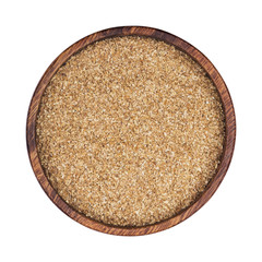 Dry ground fiber in bowl isolated on white background. Top view