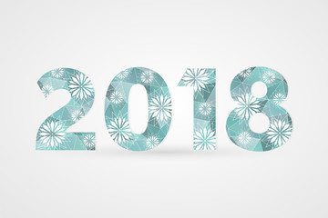 2018 Happy New Year vector illustration. Winter holiday snow symbol for celebration. Decorative polygonal sign with snowflakes. Blue and white geometric decoration