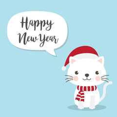 Christmas Cat Kitten cartoon character. A Cute Kitten standing on blue background. Flat design Vector illustration. Merry Christmas and Happy New Year card.