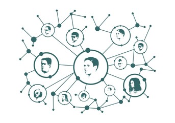 Social media network. Growth background with lines, circles and integrate avatars. Connected symbols for digital, interactive and global communication concept.