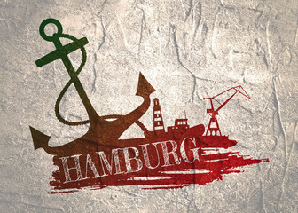 Anchor, lighthouse, ship and crane icons on brush stroke. Calligraphy inscription. Hamburg city name text - obrazy, fototapety, plakaty
