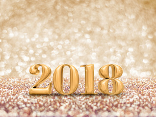 Obraz na płótnie Canvas happy new year 2018 year gold number ( 3d rendering ) at sparkling golden glitter studio background ,Holiday Greeting card.Banner mock up for display of design.
