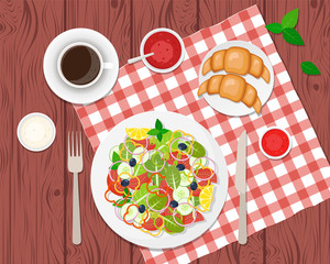 Vector illustration of healthy breakfast on the table. Ccoffee, salad, toasts and croissants. Vector flat illustration.