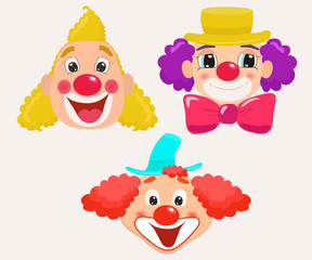 Set of cartoon clown faces. Vector illustration.