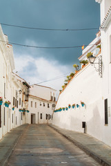 White narrow streets with whitewashed traditional andalusian houses, blue pots with red geranium at the walls at little touristic town village Mijas, Malaga province, Andalusia, Spain.