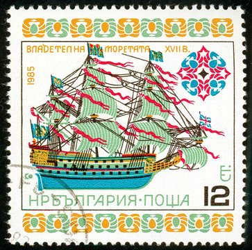 UKRAINE - circa 2017: A postage stamp printed in Bulgaria shows British battleship Ruler of the sea, 17th century, Series Historic Ships, circa 1985