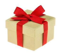 Kraft paper gift box tied with festive ribbon isolated on white