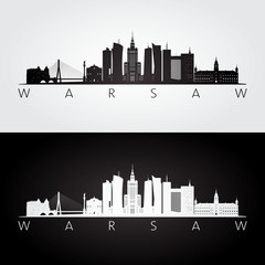 Warsaw skyline and landmarks silhouette, black and white design, vector illustration. - obrazy, fototapety, plakaty