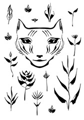 Black hand drawn brush paint decorative set. Vector illustration with flowers,  leaves and cat head painted by ink. Isolated elements on white background.
