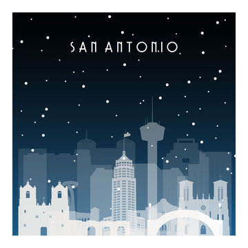 Winter Night In San Antonio. Night City In Flat Style For Banner, Poster, Illustration, Background.