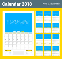 Vector calendar planner template for 2018 year. Vector design print template with place for photo. Week starts on Monday. Set of 12 months