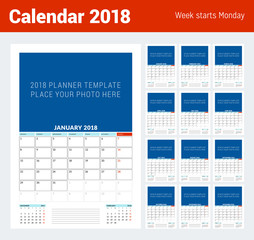Vector calendar planner template for 2018 year. Vector design print template with place for photo. Week starts on Monday. Set of 12 months