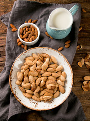 Almond milk and almond nuts.