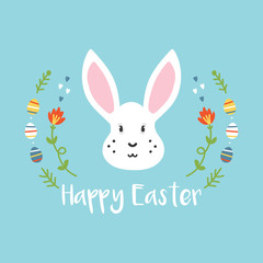 Cute hand drawn, cartoon Easter greeting card with colorful eggs. Vector Easter illustration.
