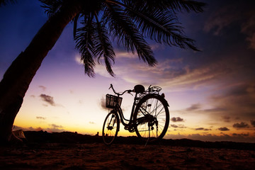 Fototapeta premium Bicycle on the beach near palm trees and ocean at sunset
