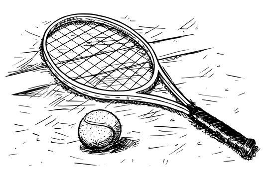 Tennis Racket And Ball Vector Hand Drawing