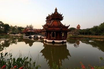 Asian pond-style pool pavilion