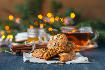 Beautiful cookies background , with shining lights and sparkles , perfect cozy atmosphere . Happy new year greetings card