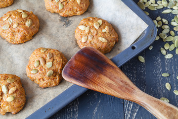 close up pumpkin cookies with seeds