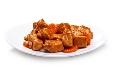 Goulash, beef stew with carrot, isolated on white background.