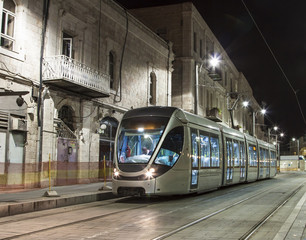 Israel - Jerusalem - Modern new tram testing flight without passangers at night
