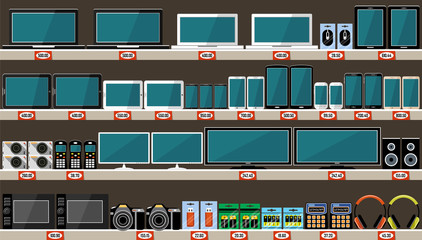 Supermarket, shelves with electronics and gadgets.