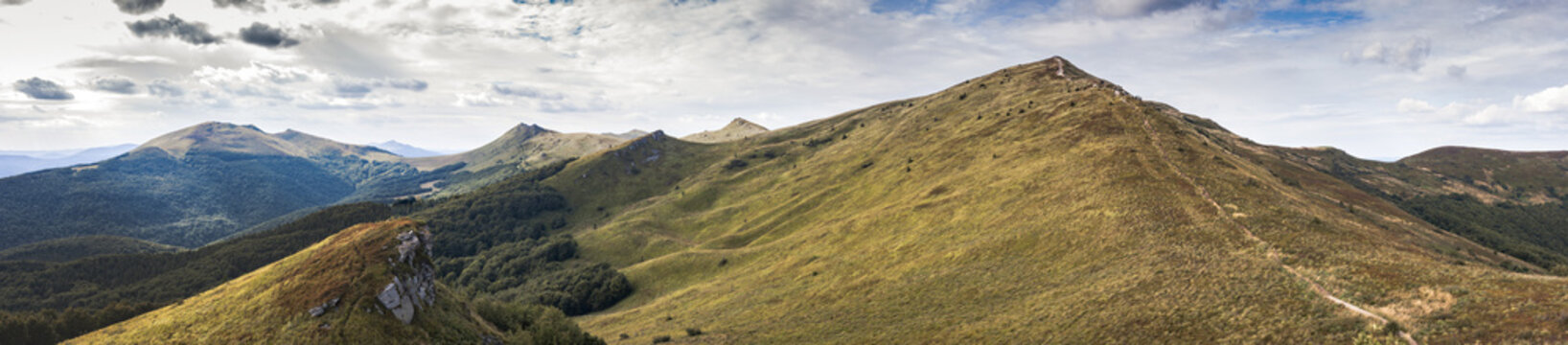 Large Panorama on Bieszczady mountains in Poland during late summer, early autumn